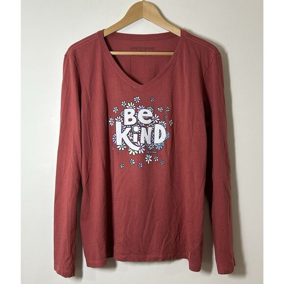 Life is Good Womens L T Shirt Top Long Sleeve Floral Daisy Be Kind V-Neck - Picture 1 of 4